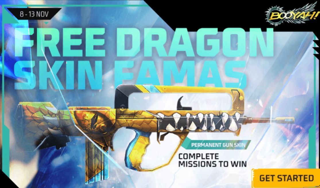 A free Dragon Skin FAMAS is available in the &quot;Free FAMAS Gun Skin&quot; event (Image via Garena)