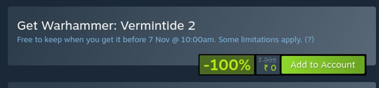 Click on Add to Account to redeem Warhammer vermintide 2 (Image via Steam)