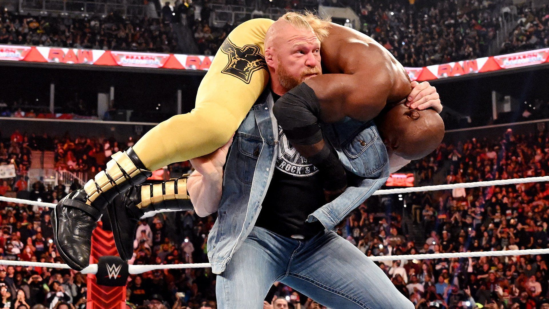 Brock Lesnar in the midst of delivering an F5 to Bobby Lashley/Credit WWE
