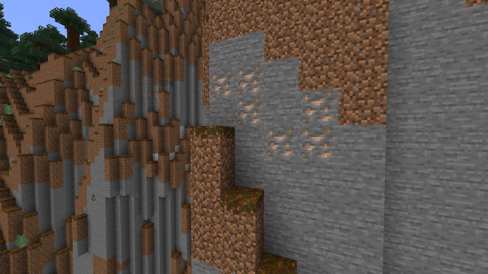 Iron ores are usually found higher in the hills and mountains (Image via Mojang)