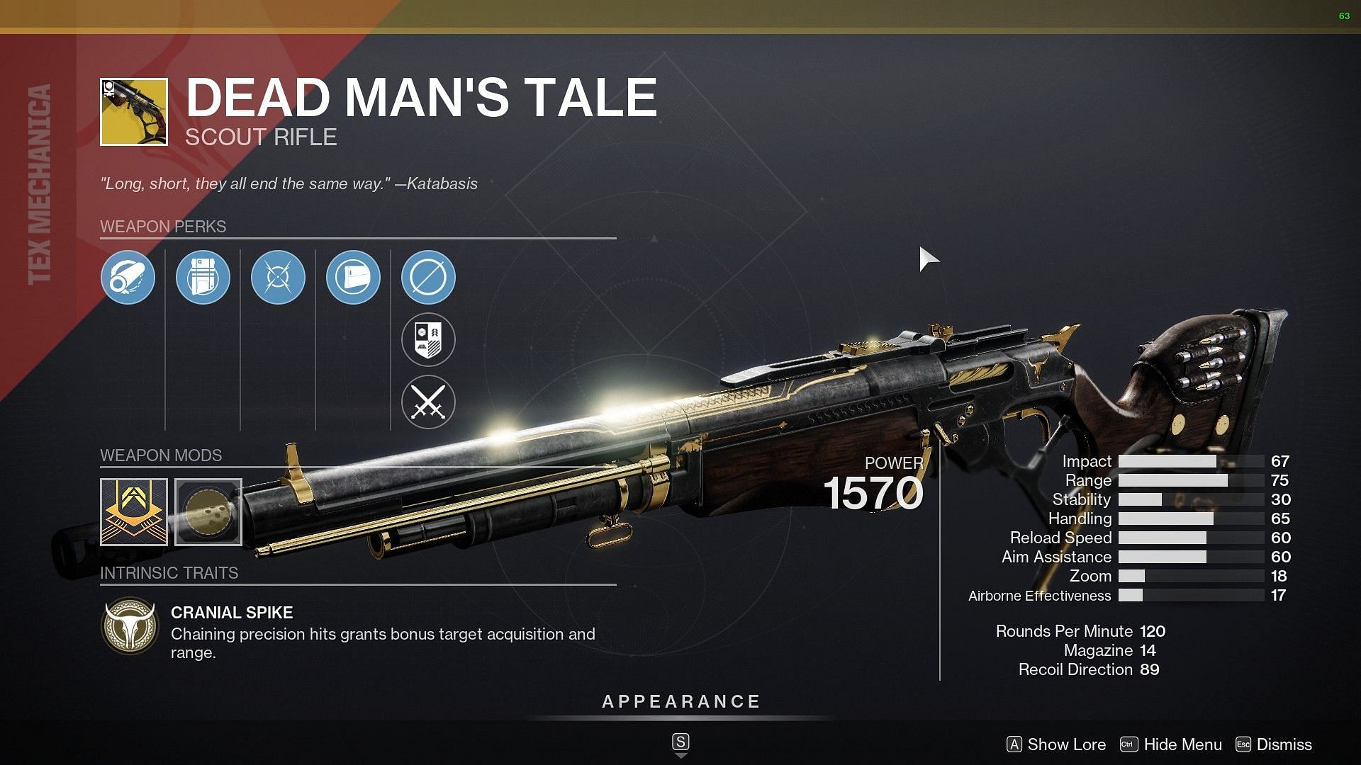 Dead Man&#039;s Tale this week for sale at Xur (Image via Destiny 2)