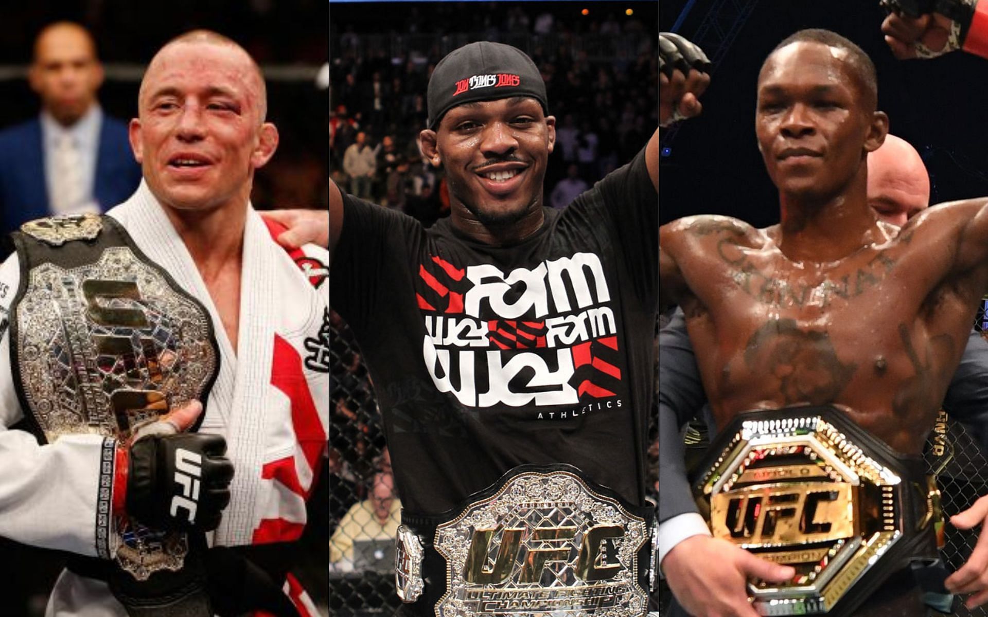 Georges St-Pierre (left), Jon Jones (centre), Israel Adesanya (right)