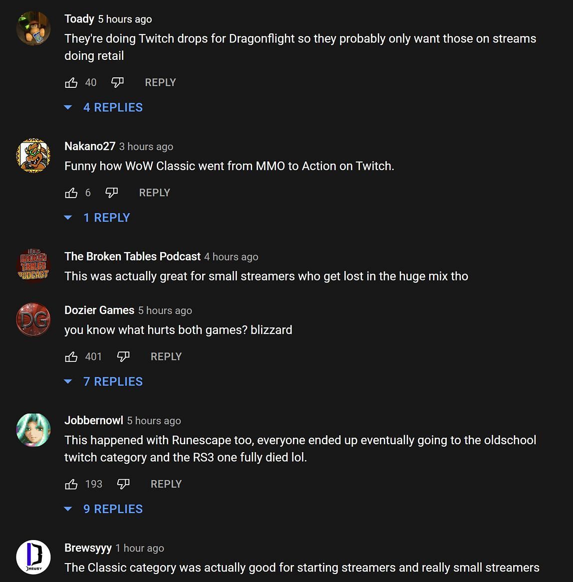 Fans in the YouTube comments section providing their take on the addition of a new category for World of Warcraft Classic on Twitch (Image via Asmongold Clips/YouTube)