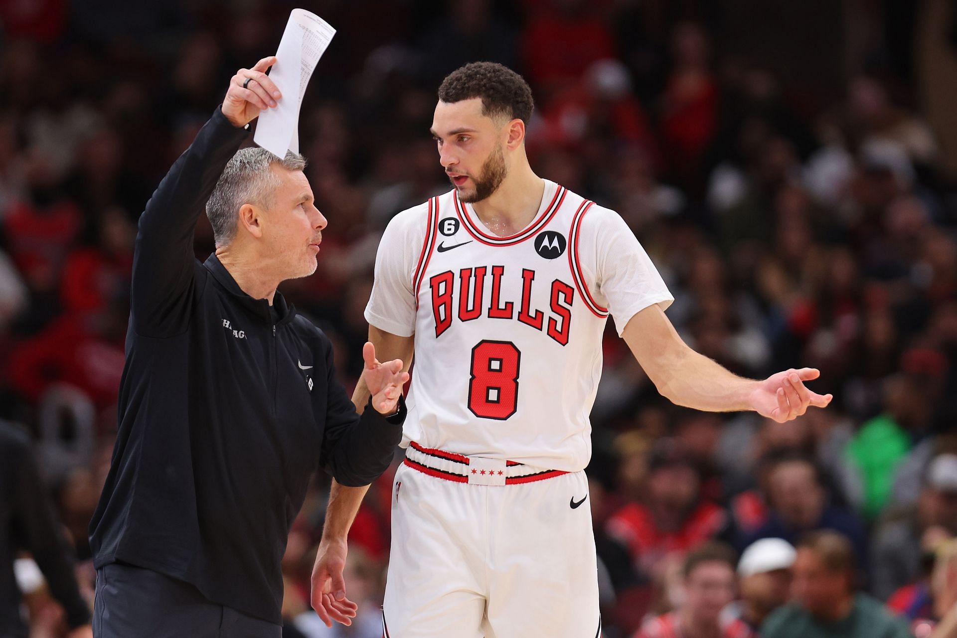 Billy Donovan and Zach LaVine of the Chicago Bulls