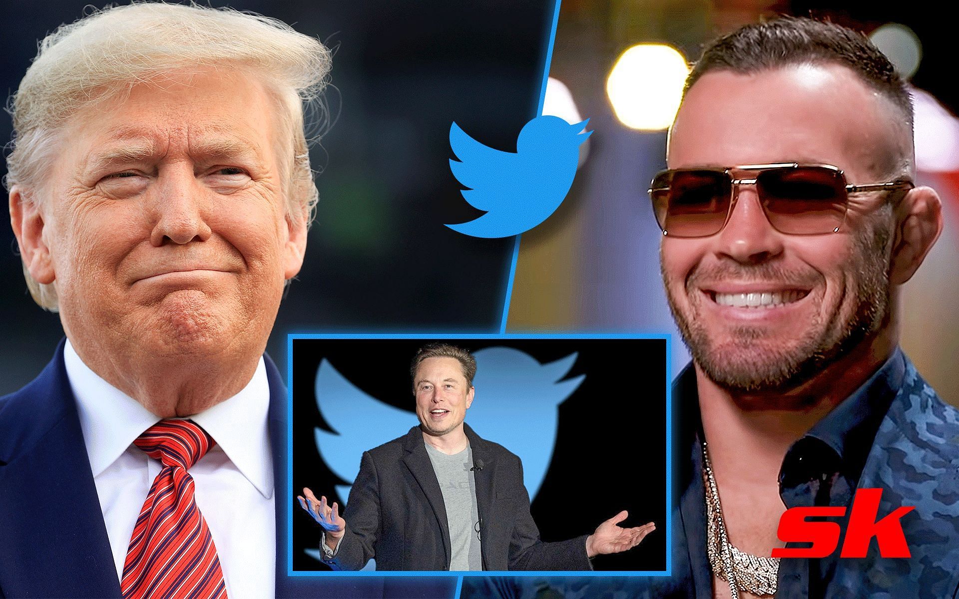 Donald Trump (Left), Elon Musk (Middle, Colby Covington (Right) [Image courtesy: @BTSport on YouTube, twitter.com, foxnews.com, Getty]