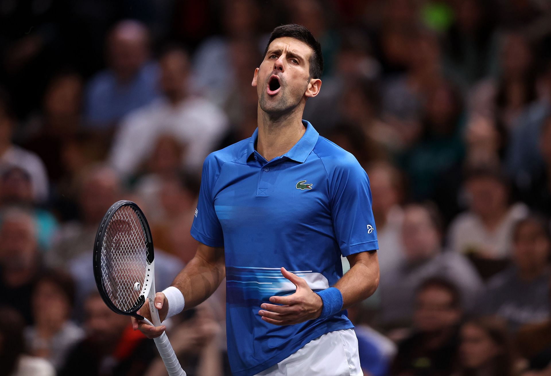 Novak Djokovic of Serbia reacts against Holger Rune at the Rolex Paris Masters - Day Seven