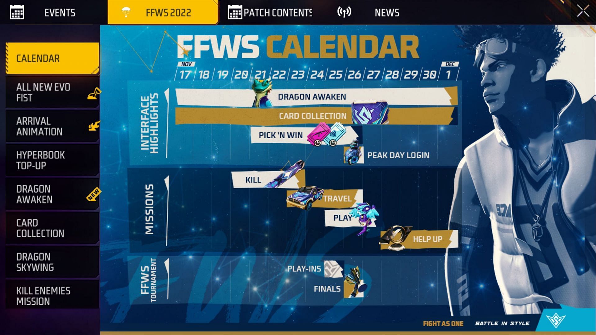 List of the different events that will run as part of the FFWS celebrations (Image via Garena)