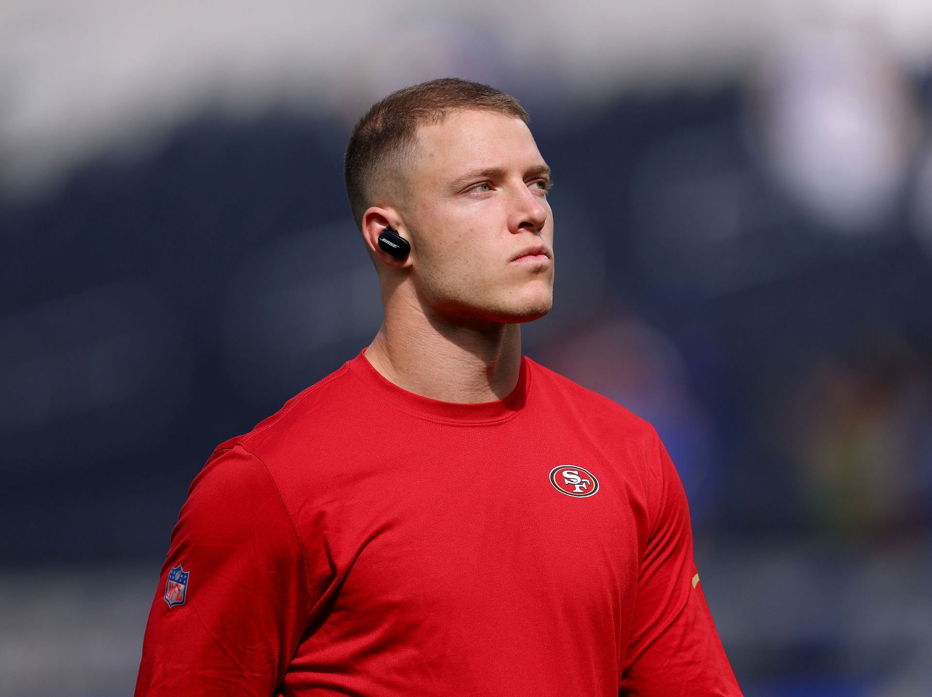 Christian McCaffrey at the San Francisco 49ers v Los Angeles Rams game