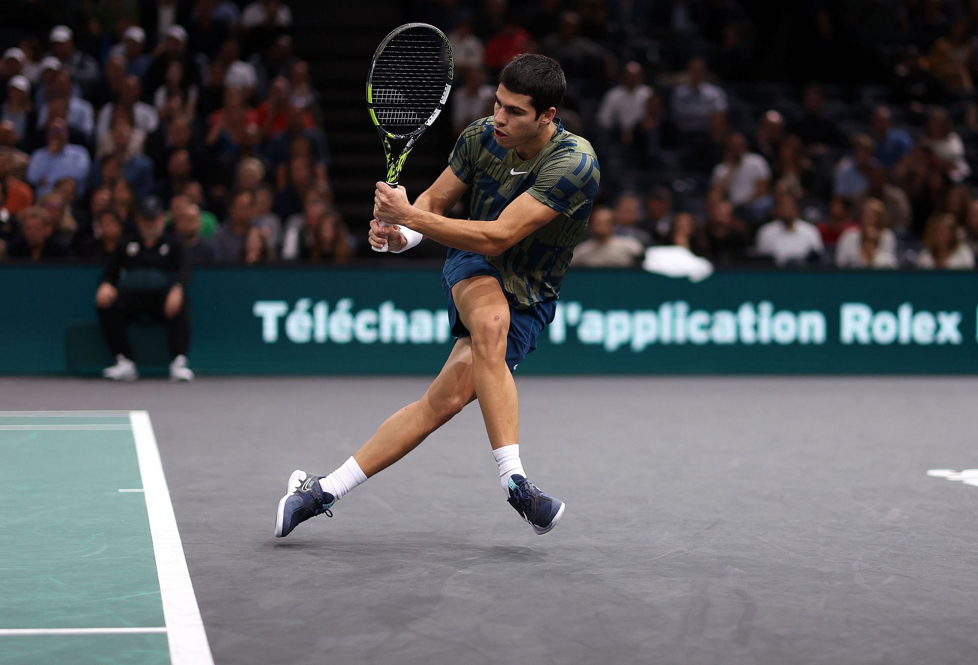 Carlos Alcaraz in action at the Rolex Paris Masters - Day Five.