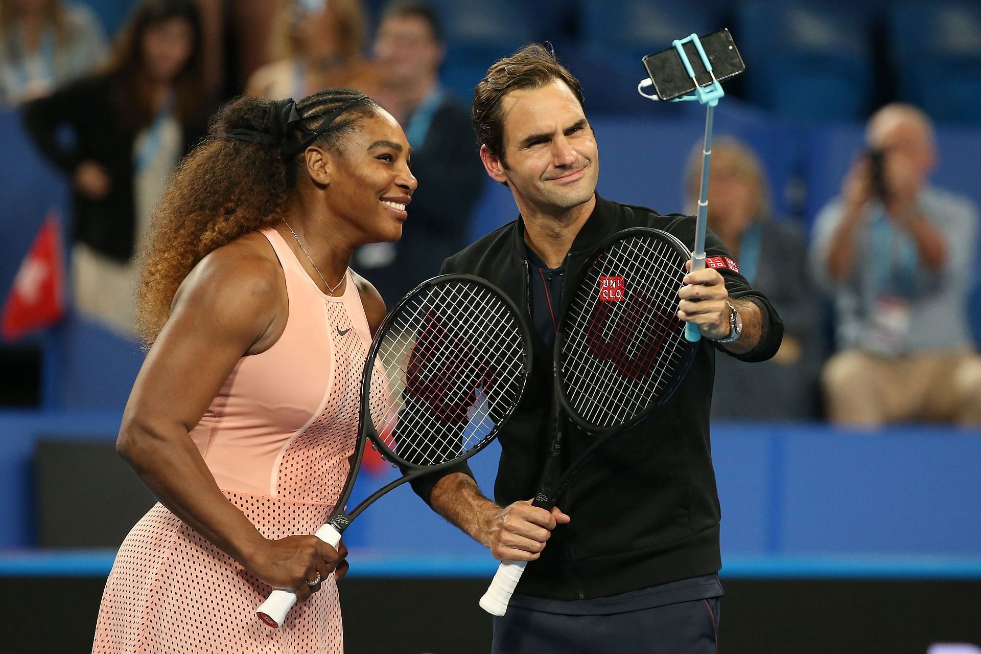 Serena Williams and Roger Federer take a selfie during the 2019 Hopman Cup.