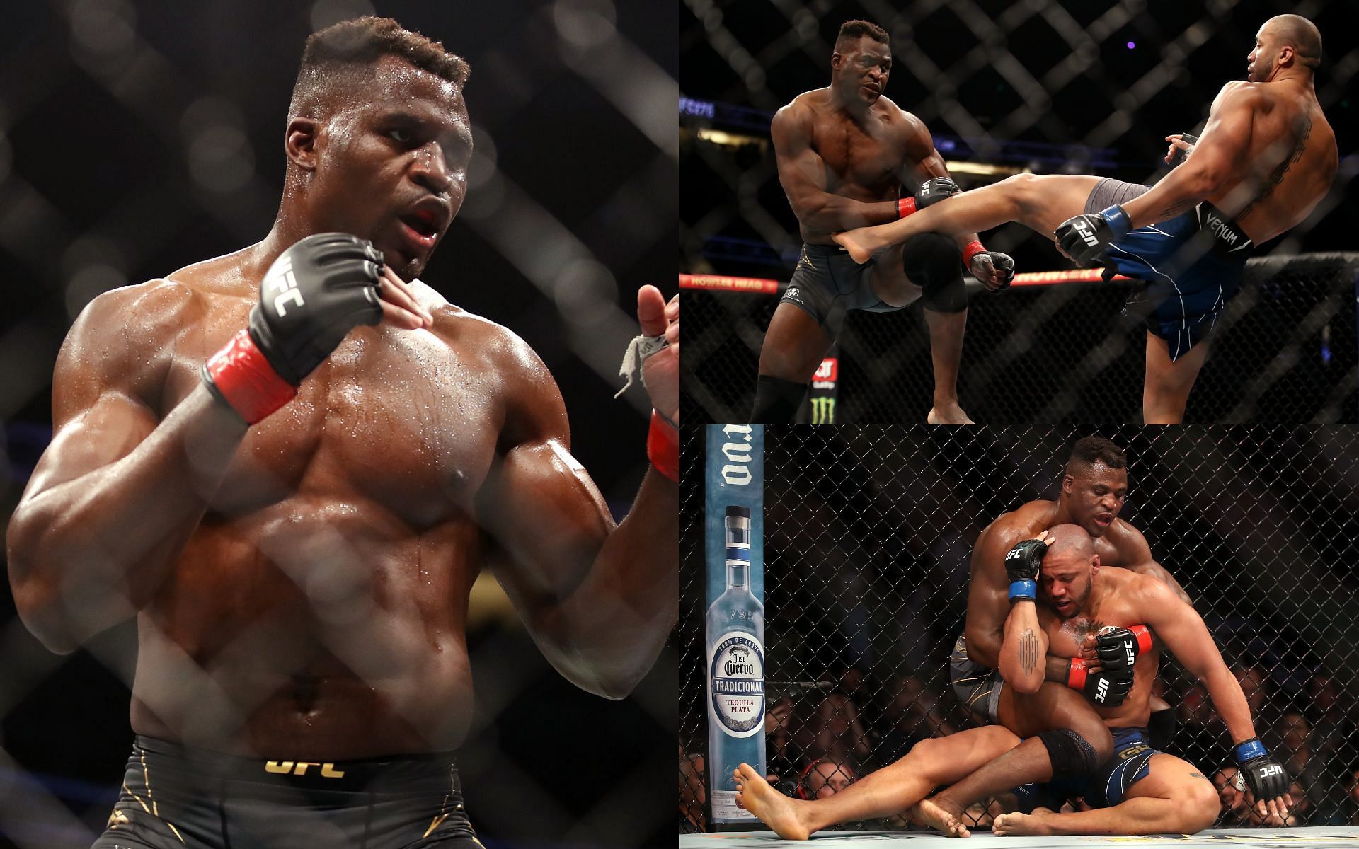 Francis Ngannou (Left); Ngannou vs. Gane at UFC 270 (Top and Bottom Right)