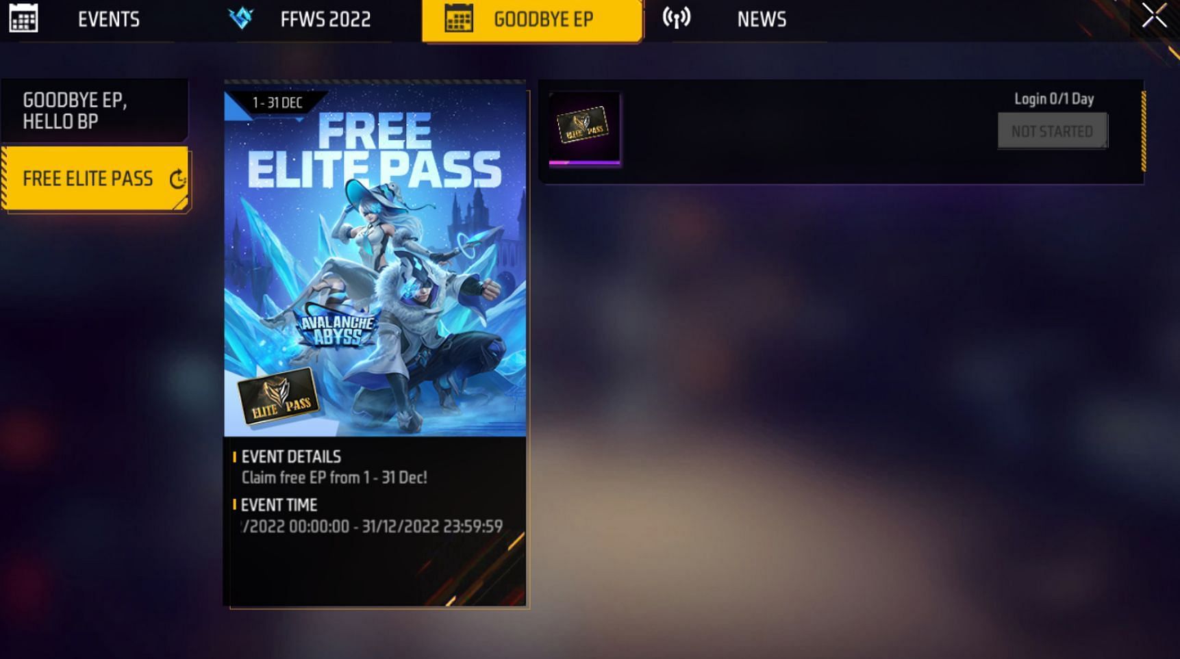 You must select &quot;Free Elite Pass&quot; under the Goodbye EP event (Image via Garena)