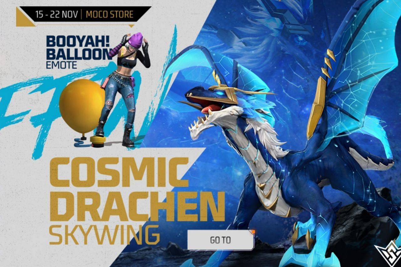 Free Fire Moco Store: Get Cosmic Drachen Skywing, Booyah! Balloon emote,  and more rewards (MAX version)