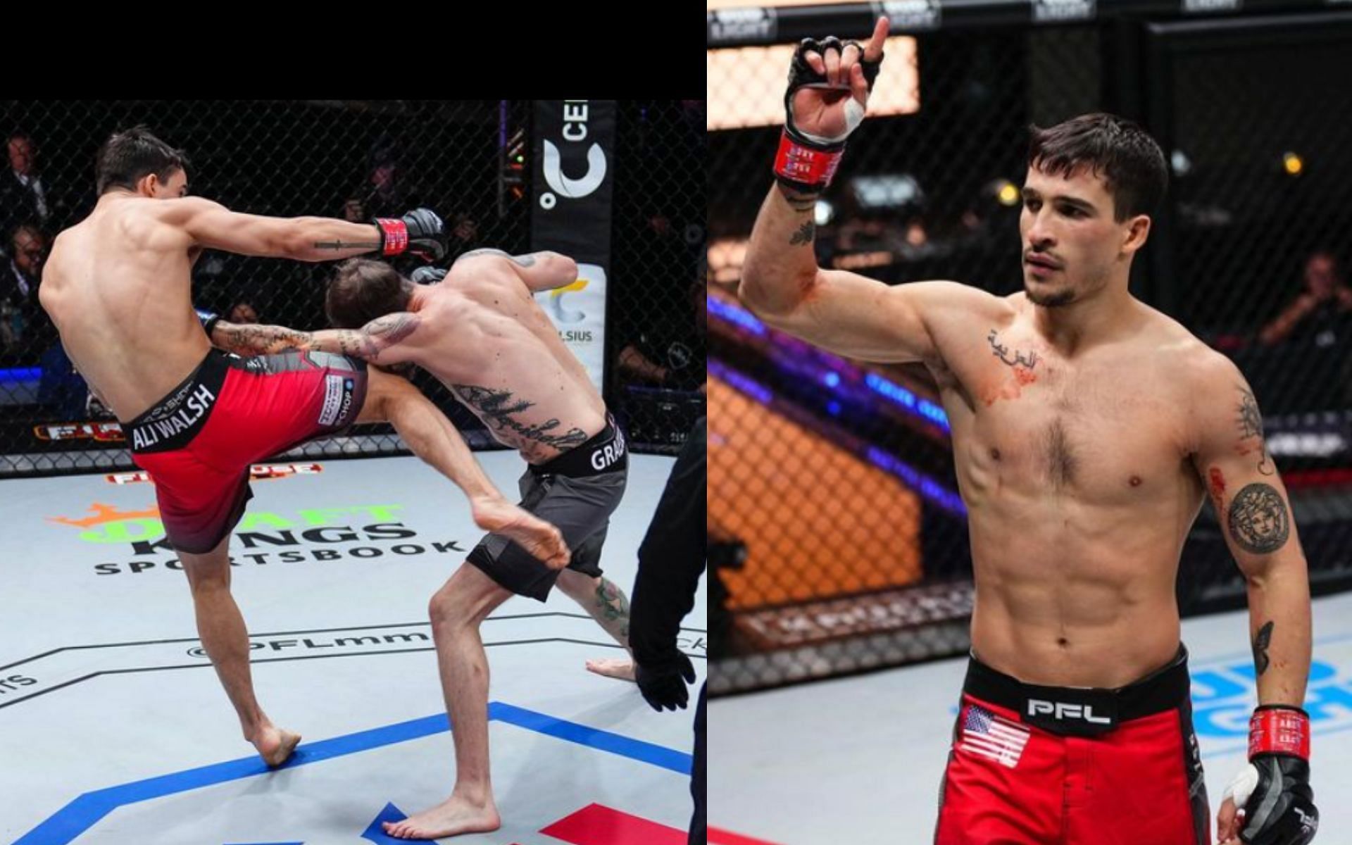 Biaggio Ali Walsh vs. Tom Graesser at PFL World Championships (left) and Ali Walsh celebrating victory (right) [Images courtesy: @biaggioaliwalsh on Instagram]