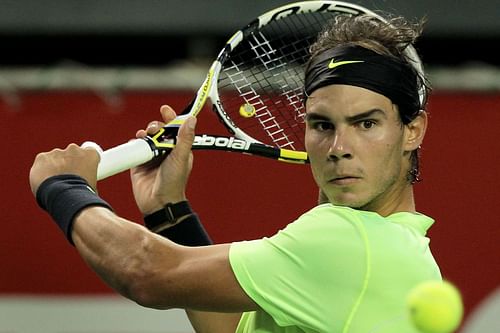 Rafael Nadal in action against Dmitry Tursunov [not in picture] at the 2010 Rakuten Open