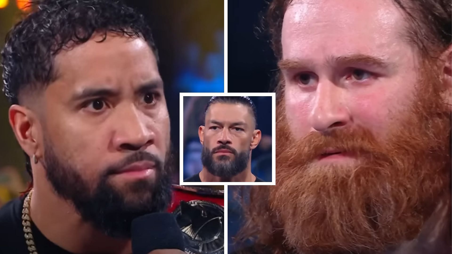Jey Uso (left), Roman Reigns (center), and Sami Zayn (right)