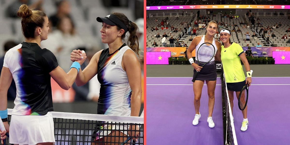 Maria Sakkari and Jessica Pegula (L); Ons Jabeur and Aryna Sabalenka at the 2022 WTA Finals.