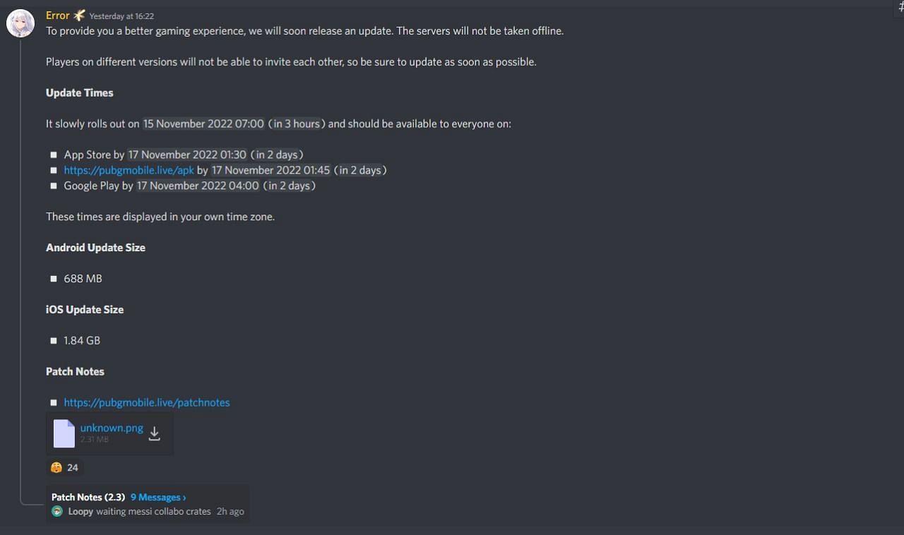 Snippet from PUBG Mobile&#039;s official Discord server showing release date and time of 2.3 update (Image via Discord)
