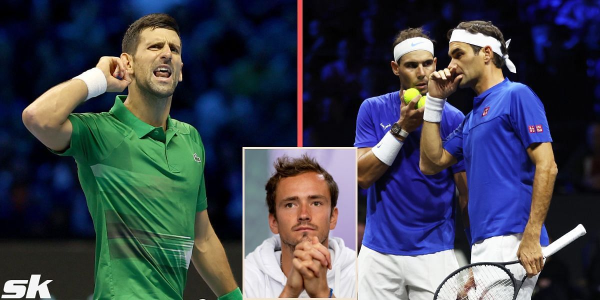 Novak Djokovic (L), Rafael Nadal and Roger Federer (R), Daniil Medvedev (inset)