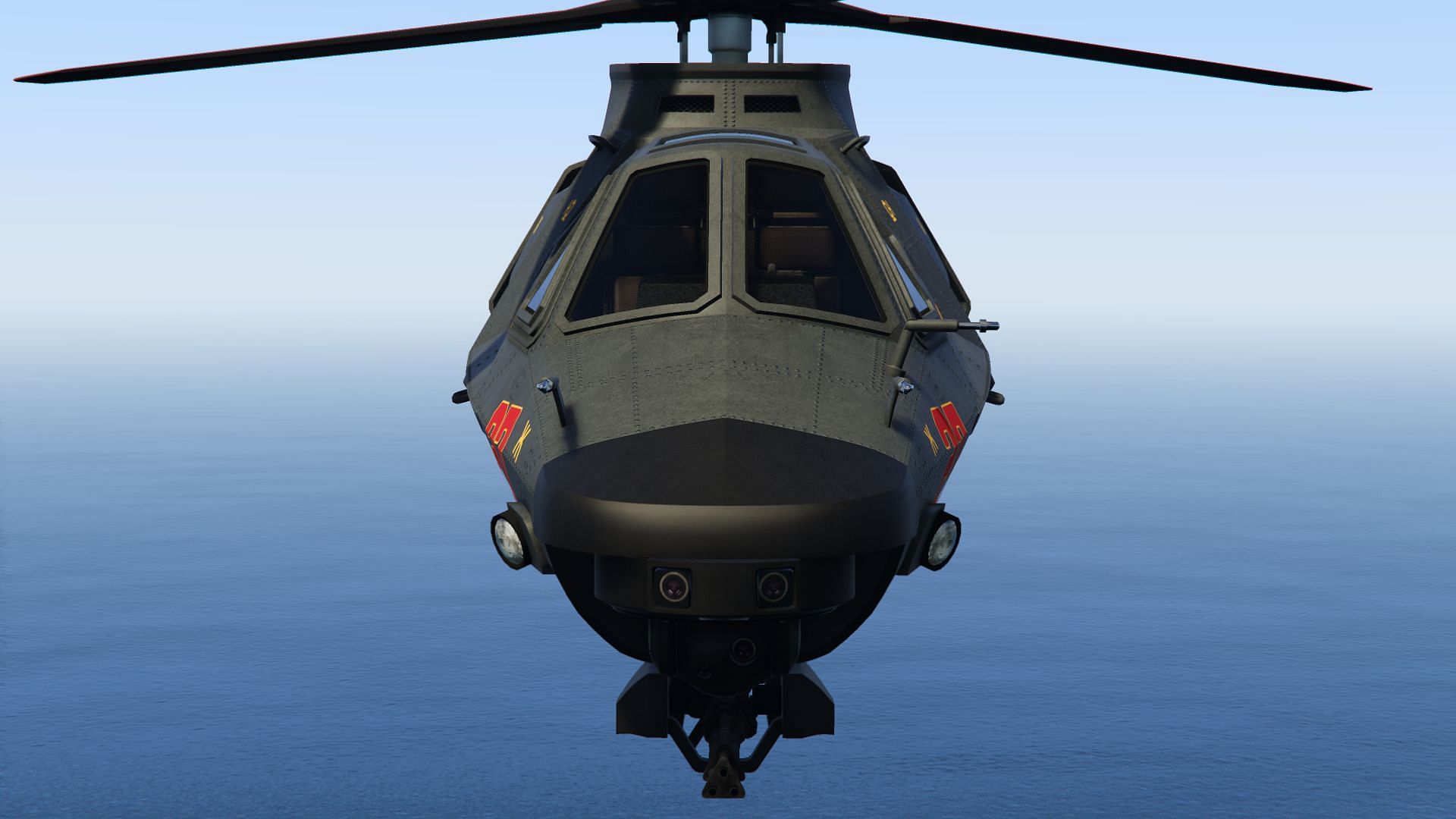 The front view of this military helicopter (Image via Rockstar Games)