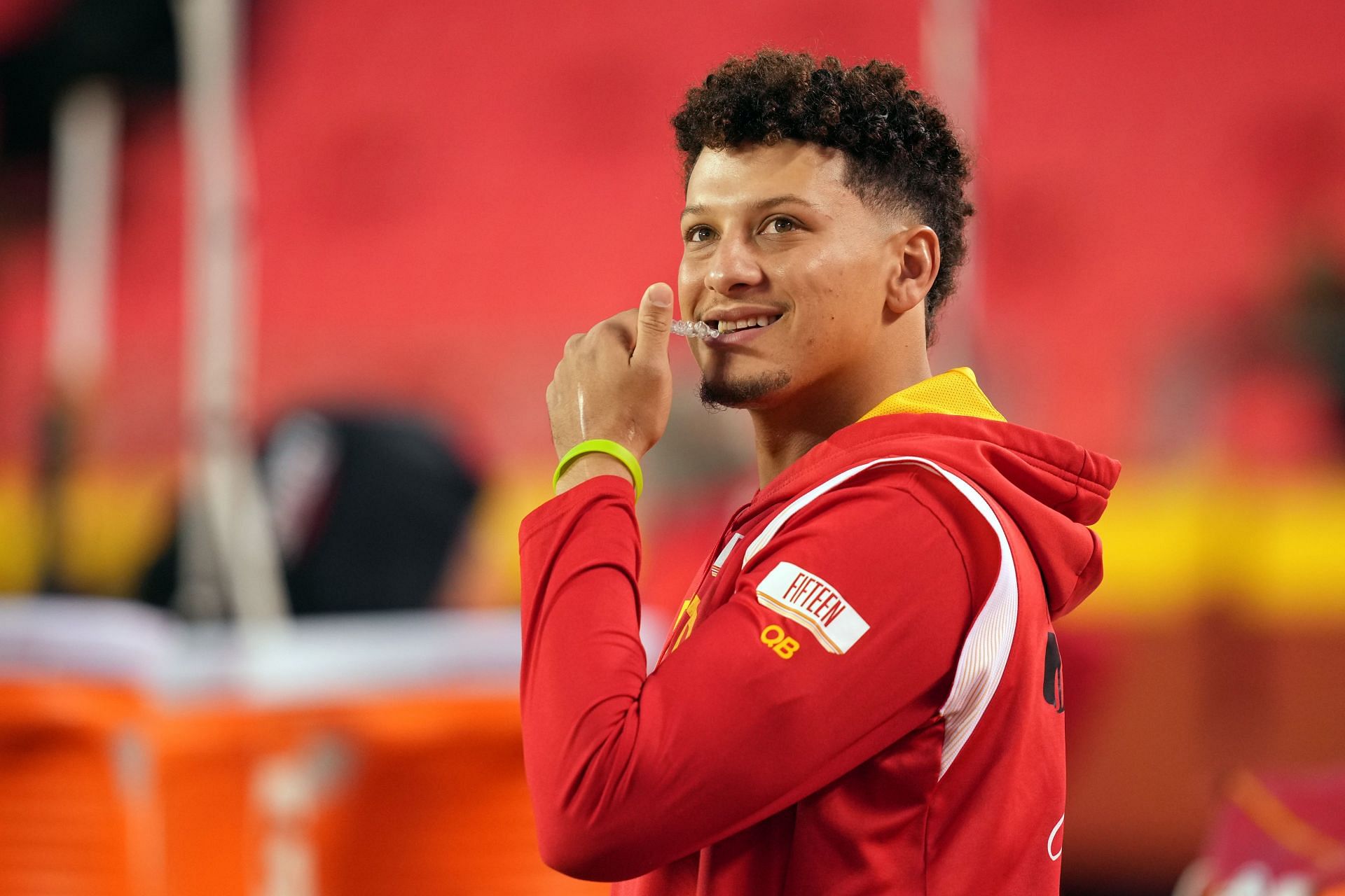 Quarterback Patrick Mahomes of the Kansas City Chiefs warms up prior to the game