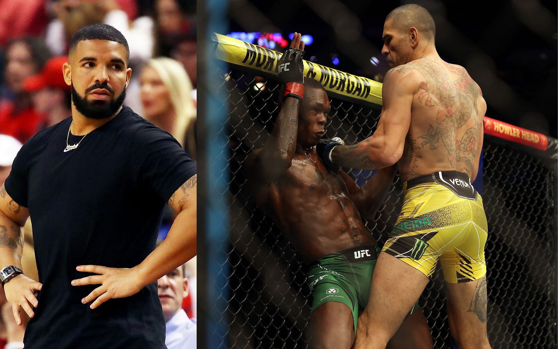 Drake (left) and Alex Pereira punching Israel Adesnya at UFC 281 (right) (Image credits Getty Images)