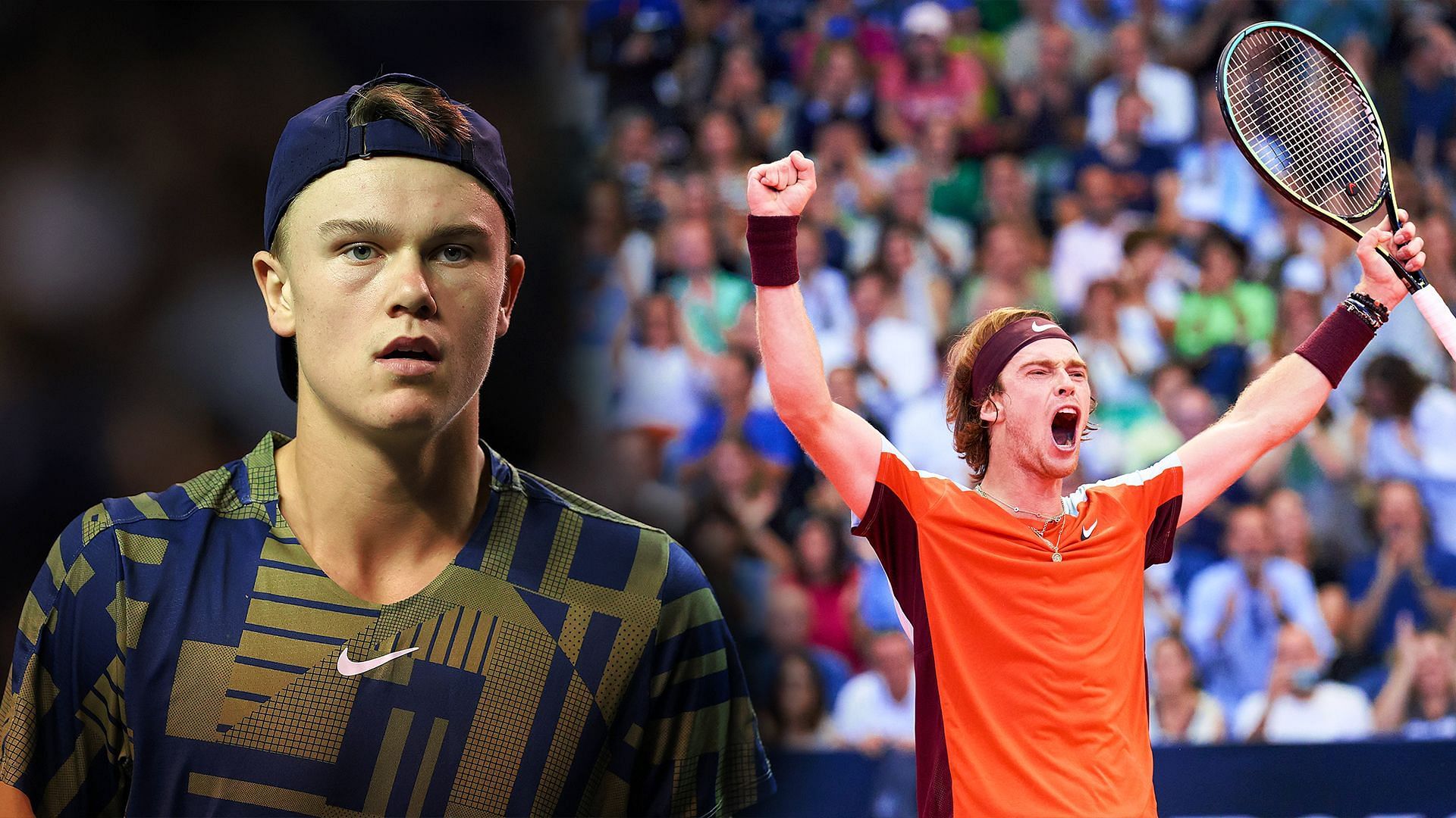 Holger Rune (left) sent off Andrey Rublev (right) in the third round of the Paris Masters before revealing that the World No. 9 is his idol.