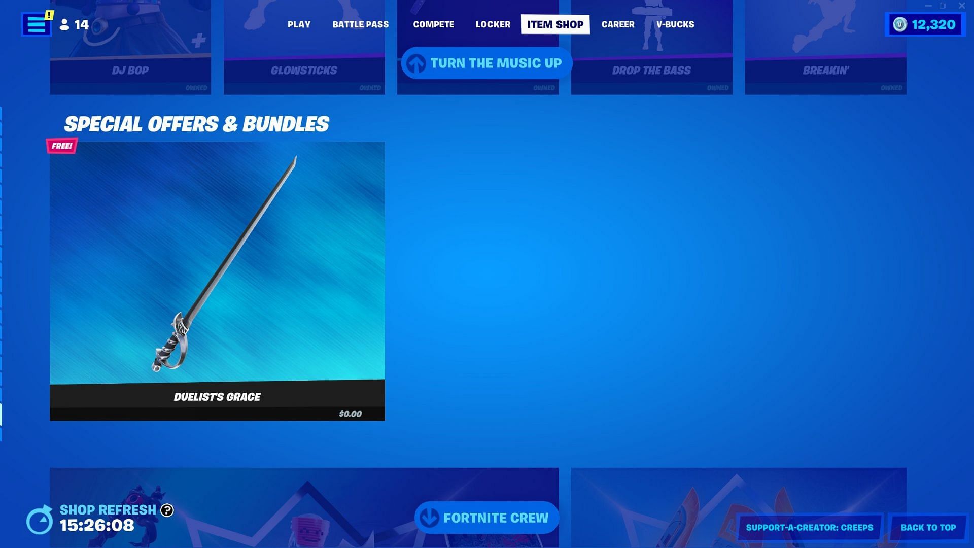 To get the Duelist&#039;s Grace pickaxe, open the Item Shop (Image via Epic Games)