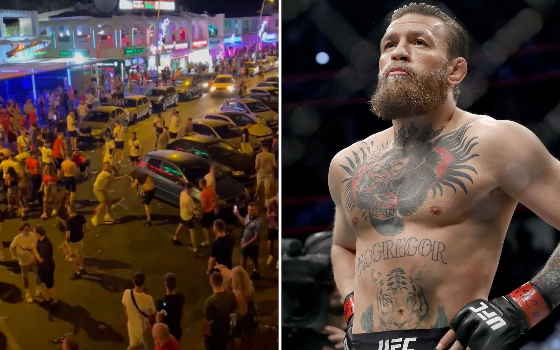 (L) England and Wales supporters brawl in Tenerlife {Photo credit: @barstoolsports - Twitter}, and Conor McGregor (R) 