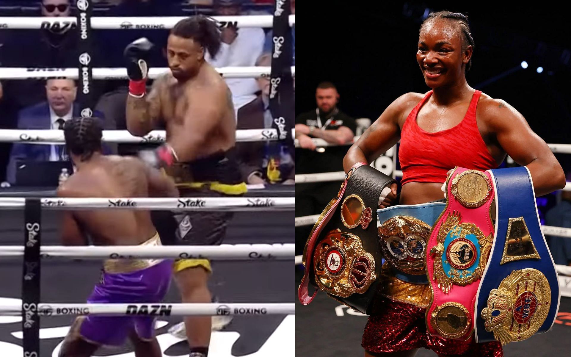 Screenshot of Greg Hardy vs. Hasim Rahman Jr. at Misfits Boxing 3 (left)[Image courtesy: @daznboxing on YouTube] and Claressa Shields (right)