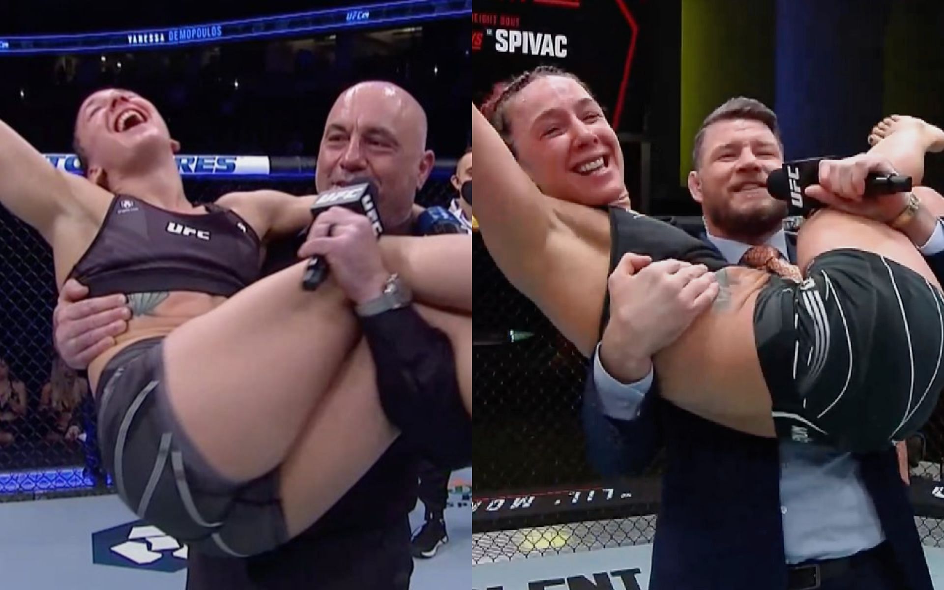 Vanessa Demopoulos celebration with Joe Rogan and Michael Bisping [Photo credit MMAJunkie &amp; OnPointMMA on Twitter]