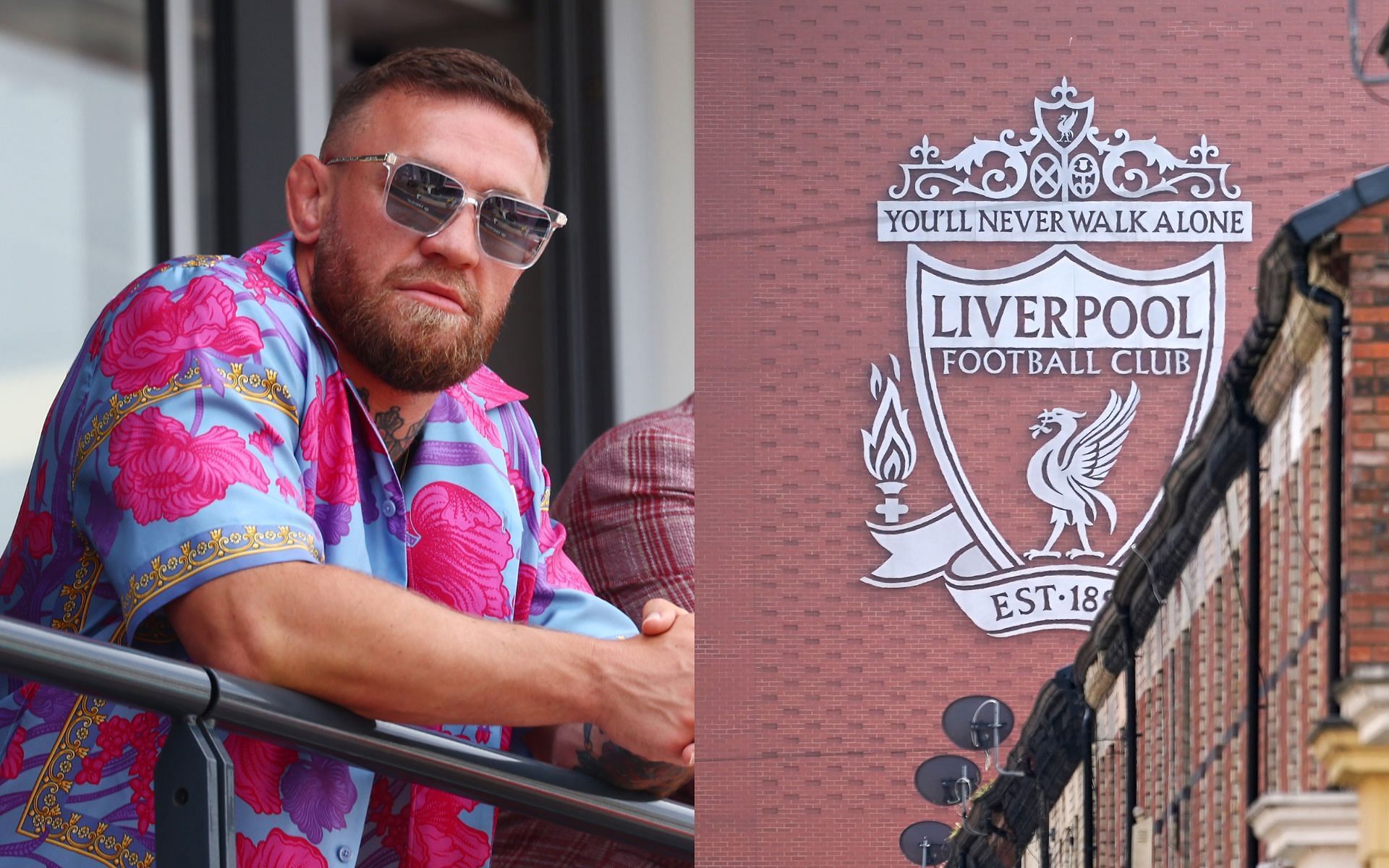 Conor McGregor (left) Liverpool FC logo (right)