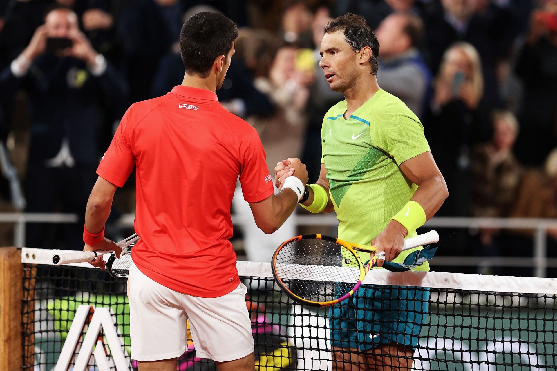 Rafael Nadal and Novak Djokovic pictured at the 2022 French Open.