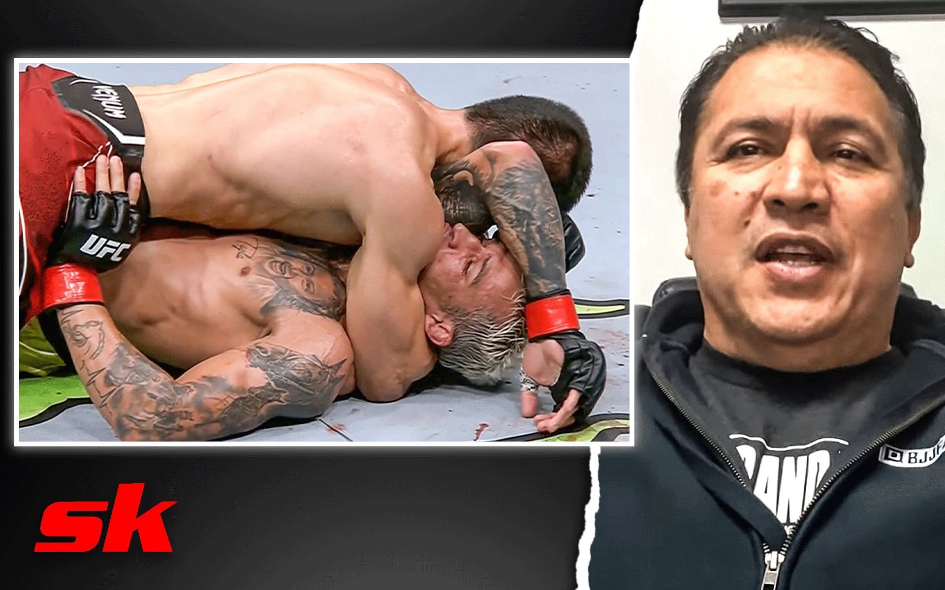 Islam Makhachev vs. Charles Oliveira (Left), Javier Mendez (Right) [Image courtesy: @MMAFighting on Twitter, @Hablemos MMA on YouTube]