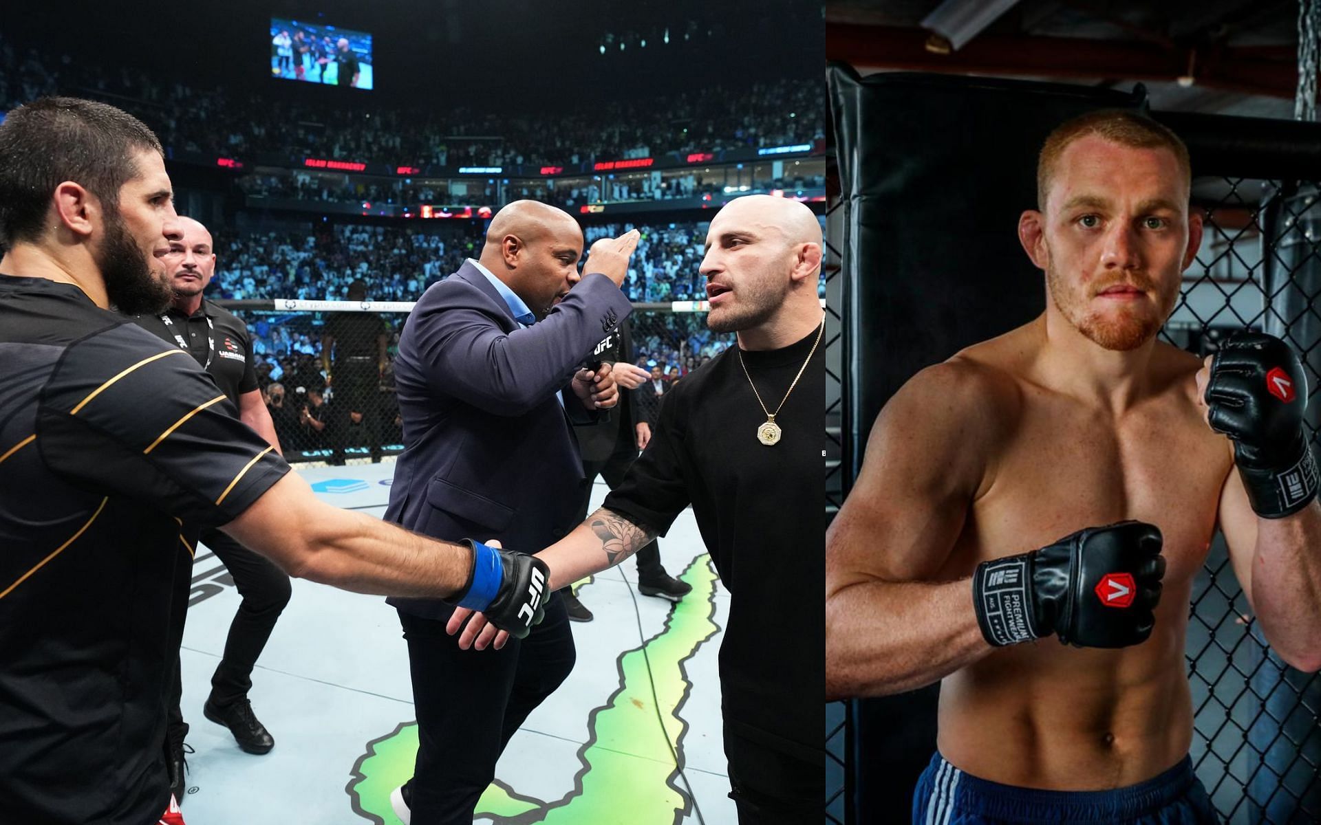 Islam Makhachev and Alexander Volkanovski (left) and Jack Della Maddalena (right). [Images courtesy: left image from Chris Unger/Zuffa LLC and right image from The West Australian]