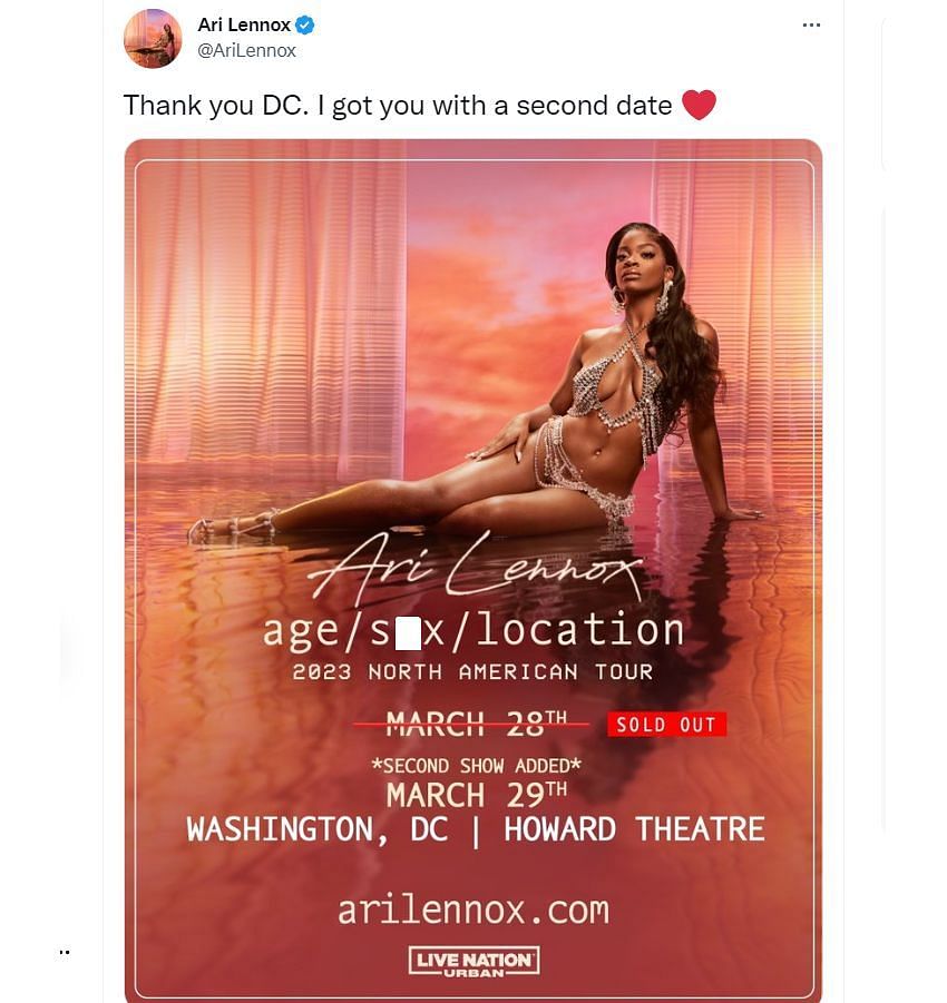 Washington, DC will hold two shows (Image via Twitter/@AriLennox)