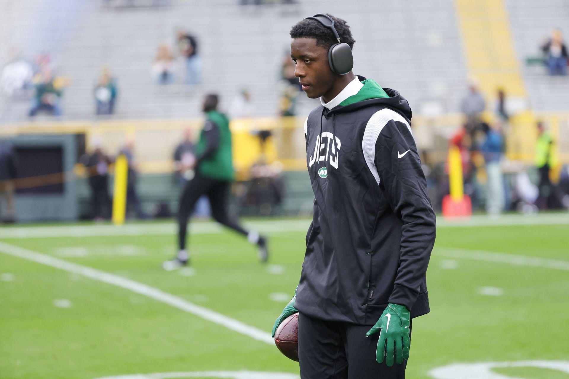 Ahmad Sauce Gardner of the New York Jets looks on during pregame