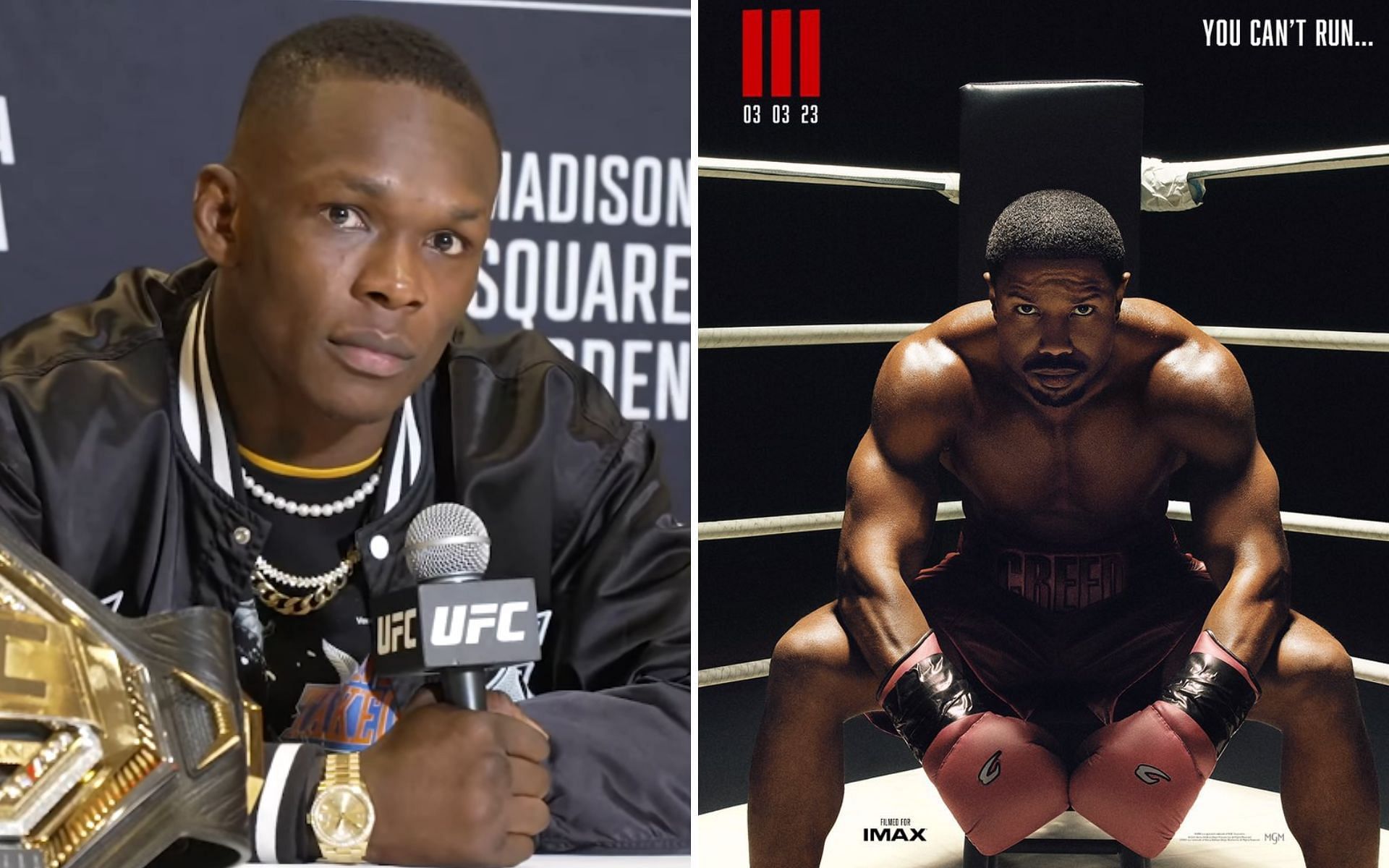 (L) Israel Adesanya (R) Creed III Poster (Photo credit: MMA Junkie - YouTube, and @IGN - Twitter)