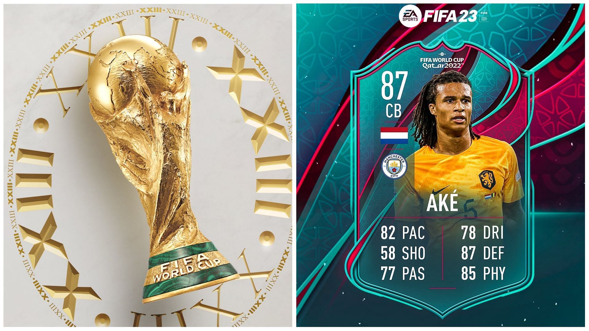 Nathan Ake has been leaked to be a World Cup Star in FIFA 23 (Images via FIFA and Twitter/FUT Sheriff)