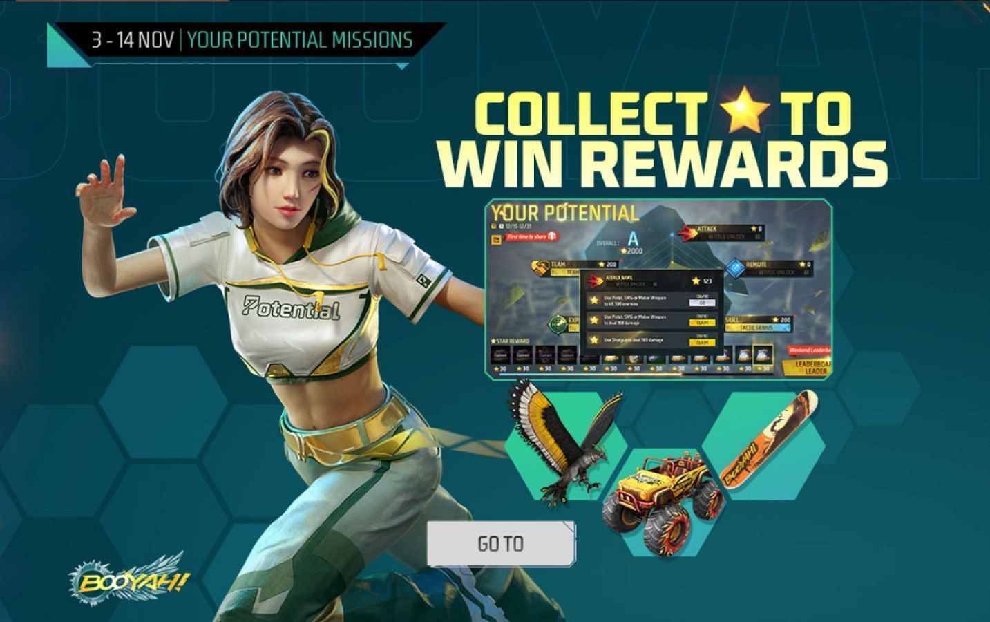 One can grab several other rewards in &quot;Your Potential Missions&quot; by completing the featured missions and progressing on the ability chart (Image via Garena)