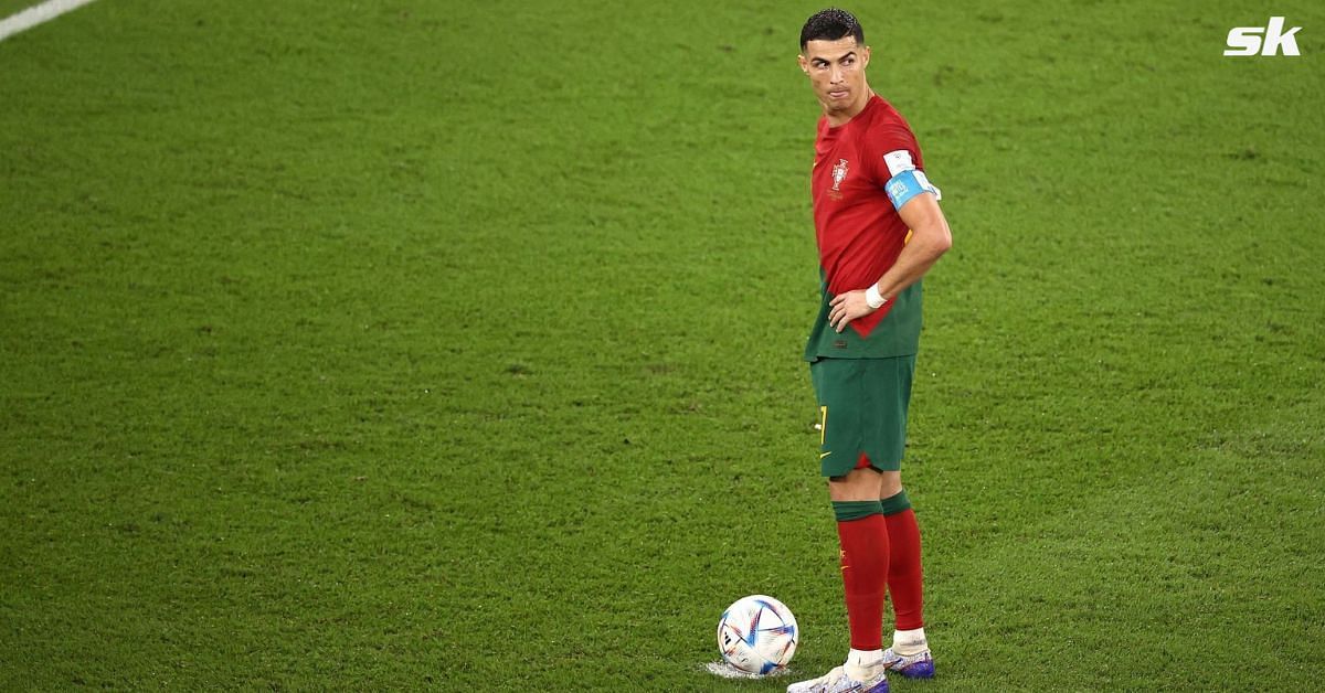 Ronaldo reacts to Lionel Messi banner pictured behind him after scoring historic FIFA World Cup goal against Ghana