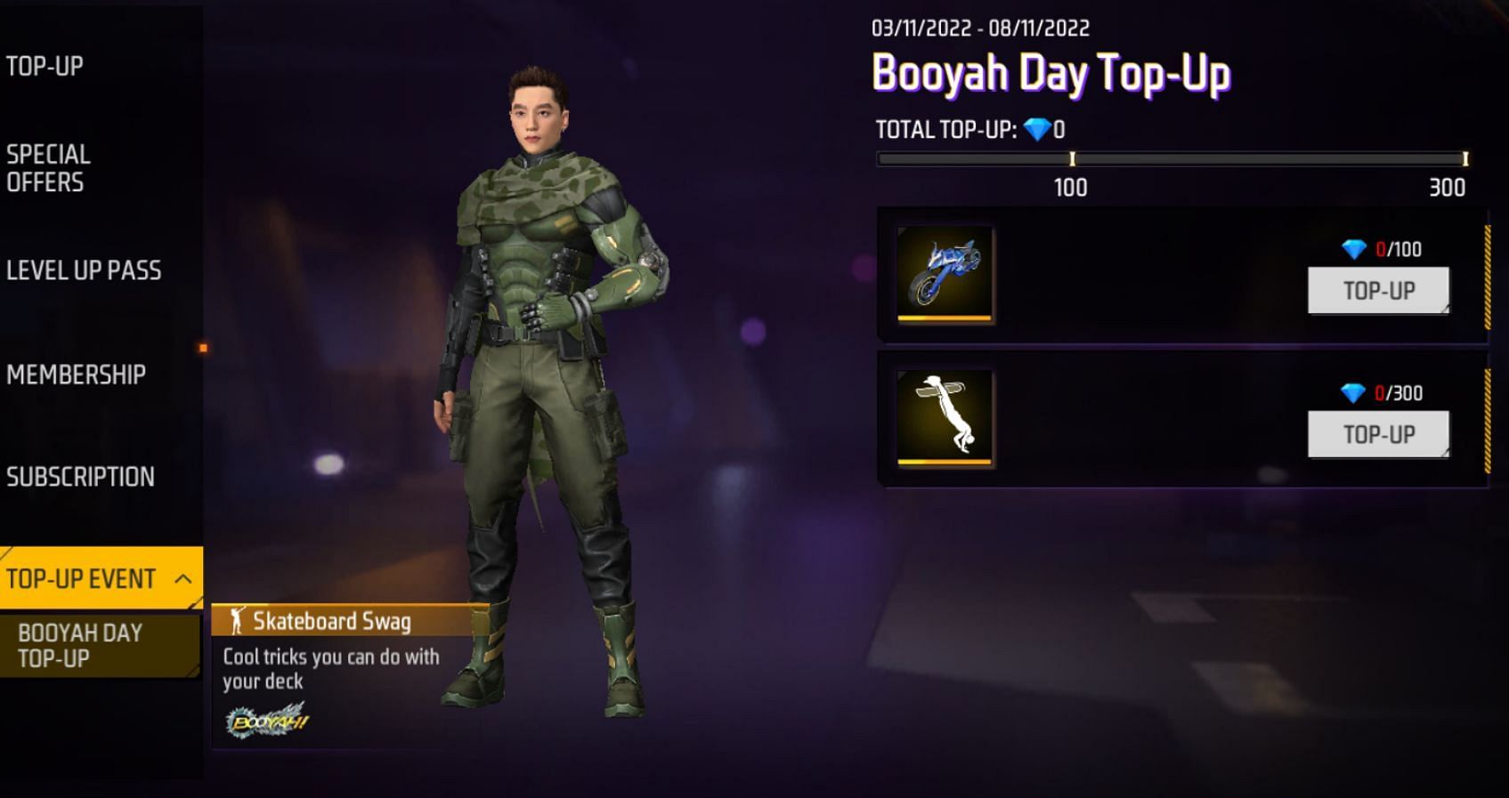 Claim rewards from the Booyah Day Top-Up event after purchasing diamonds (Image via Garena)