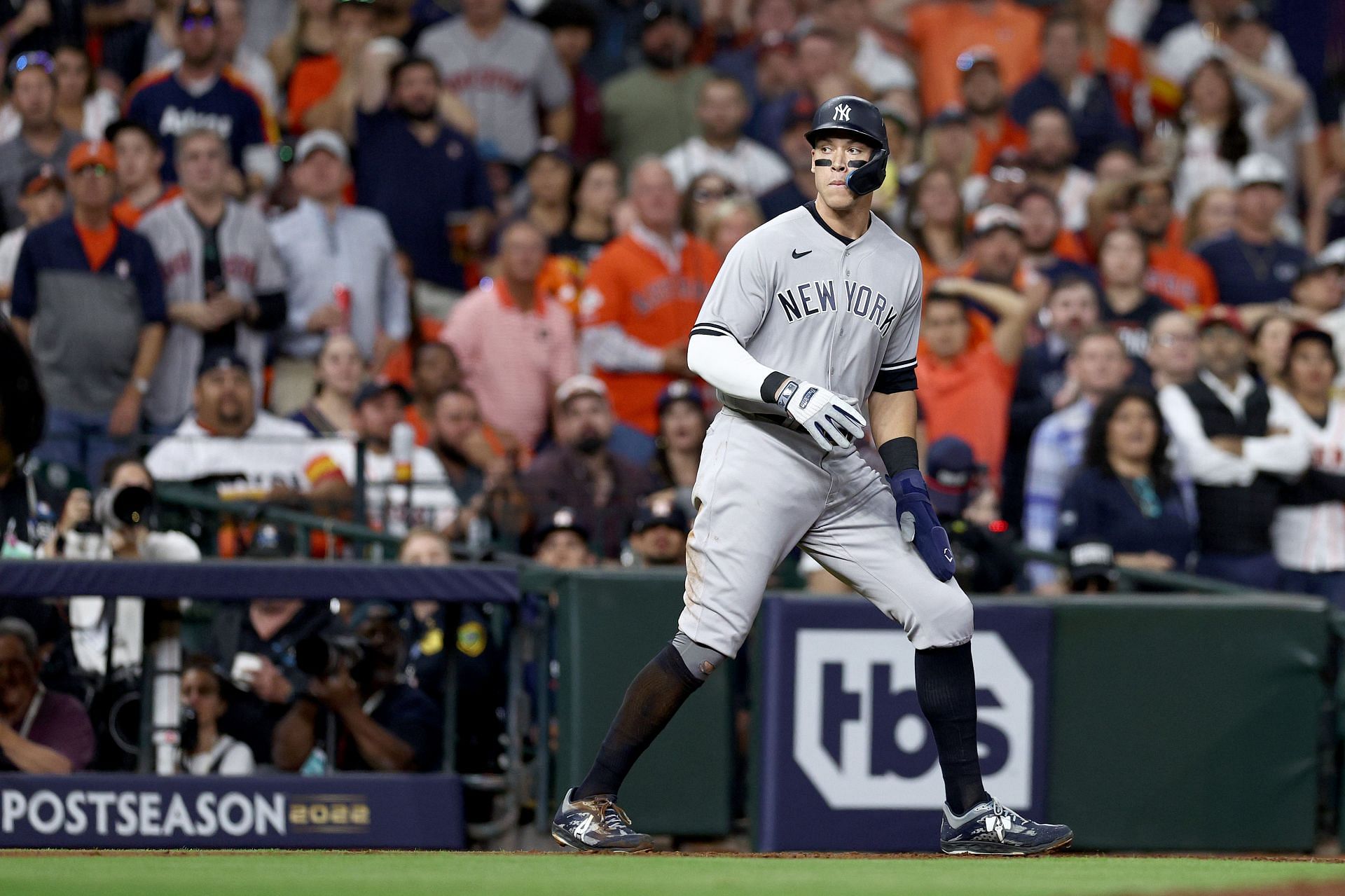 Aaron Judge looks on in game two of the American League Championship Series at Minute Maid Park