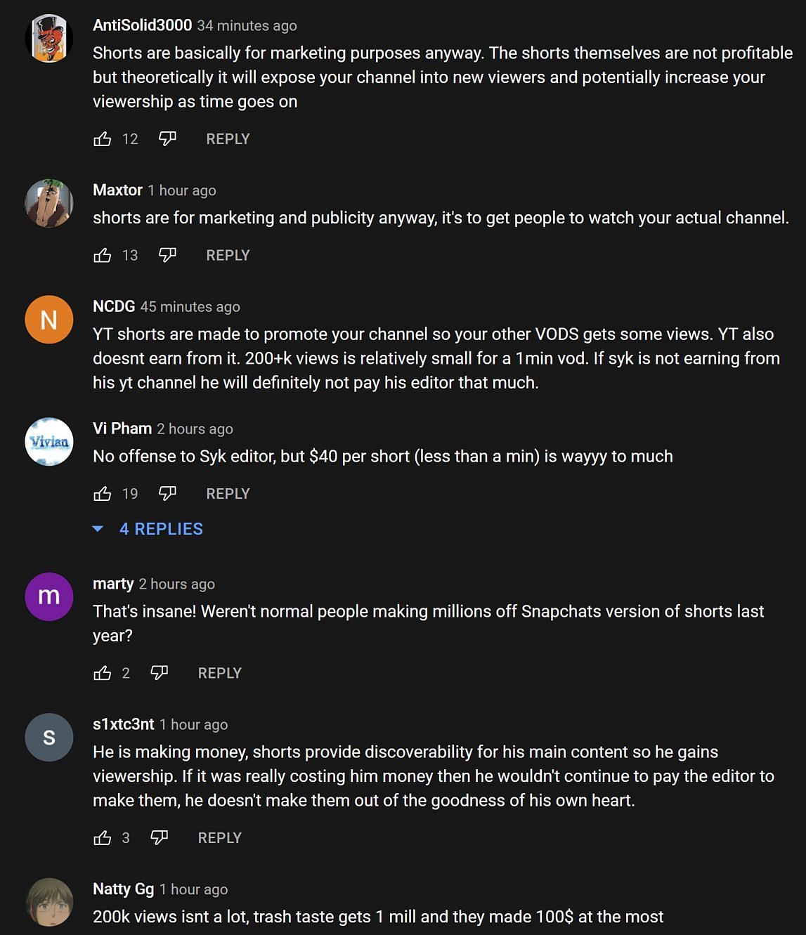 Fans in the YouTube comments section react to Sykkuno showcasing his YouTube Shorts earnings (Image via Streamer Moments/YouTube)