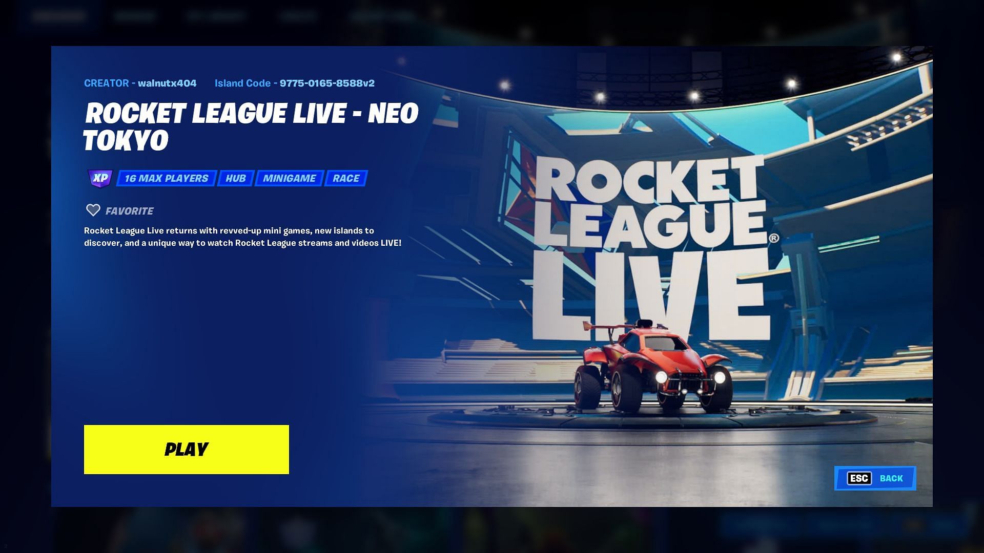 Rocket League Live is now accessible in-game (Image via Epic Games/Fortnite)