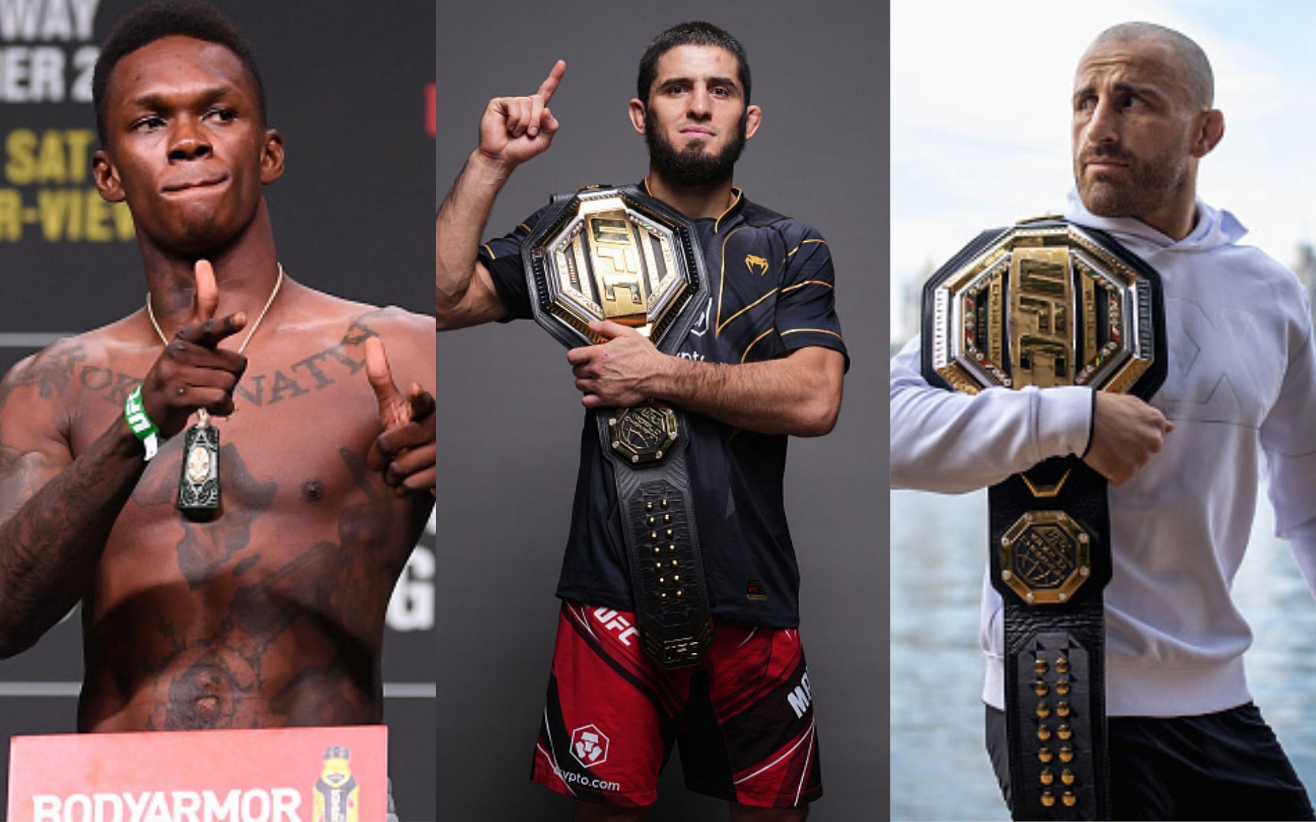 Israel Adesanya (left), Islam Makhachev (Middle), and Alexander Volkanovski (Right)(Images via Getty)