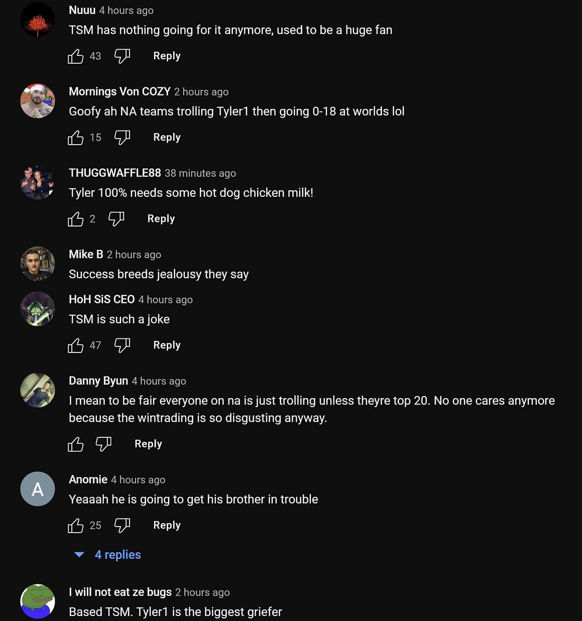 Fans in the YouTube comments section reacting to the streamer&#039;s clip (Image via Daily Tyler1 Clips/YouTube)