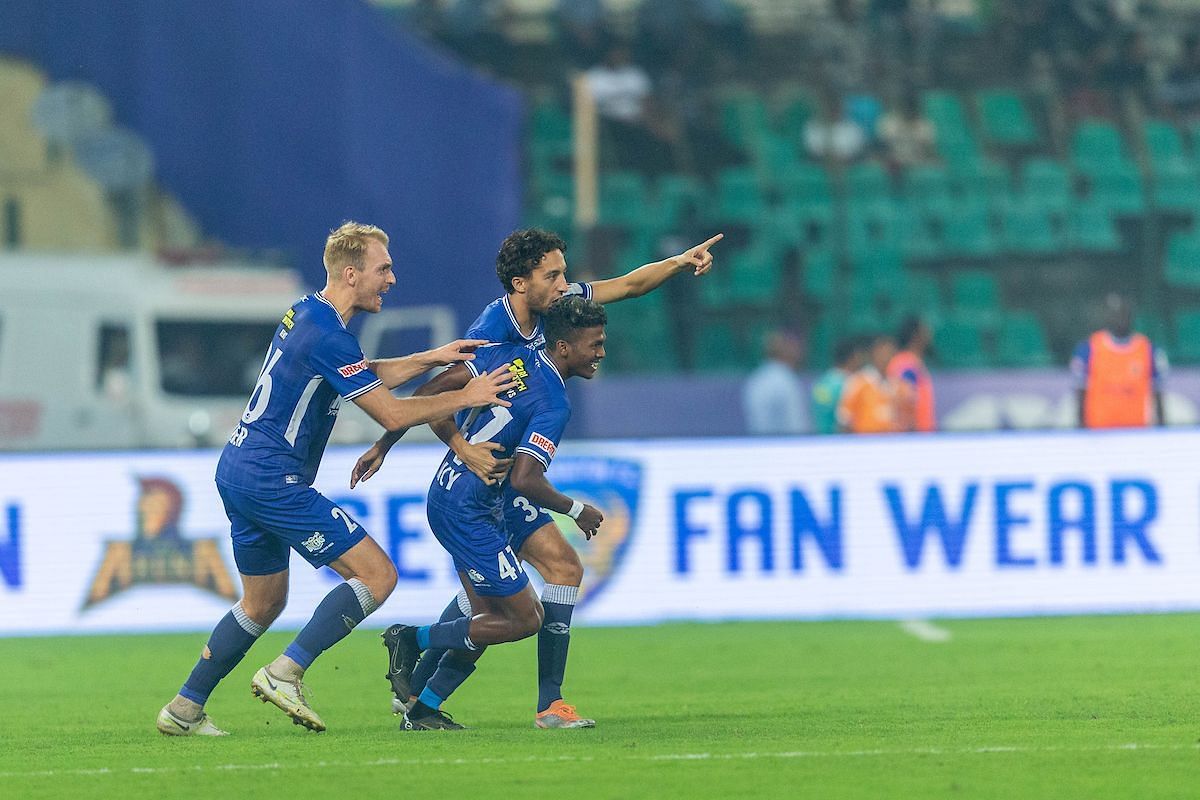 Chennaiyin FC players celebrate during their win against Jamshedpur FC. [Credits: ISL Media]