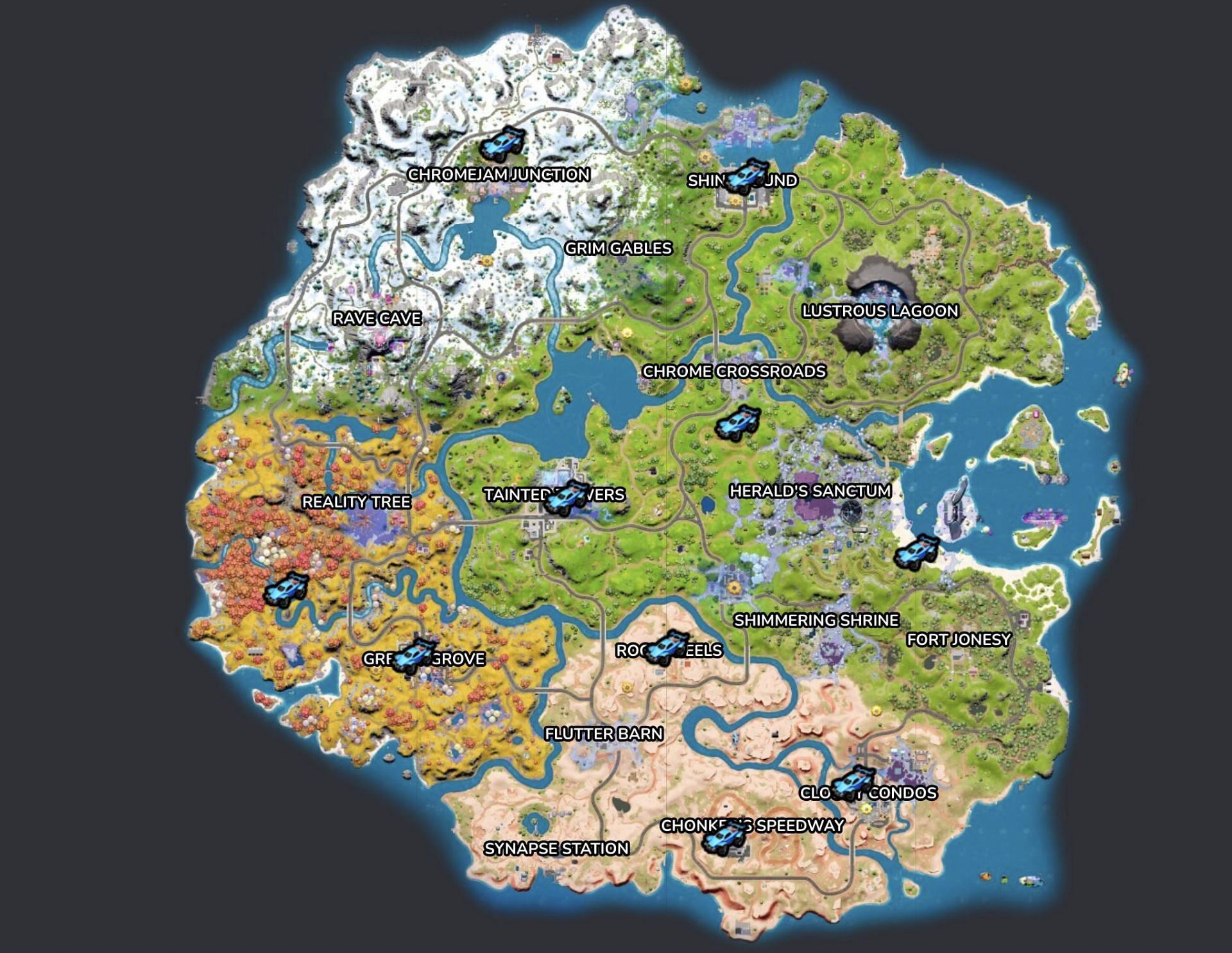The Octane vehicle spawns in these places (Image via Fortnite.GG)