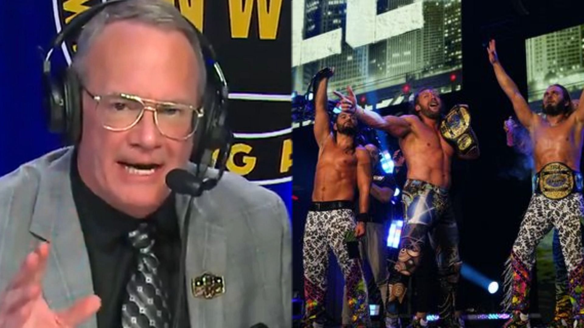 Jim Cornette (Left), The Elite (Right).